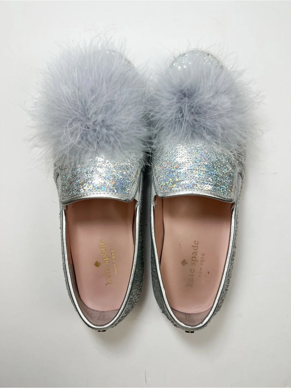 Kate Spade Latisa Silver Sequin Pom Pom Slip On Sneakers size 7.5 Small Flaw